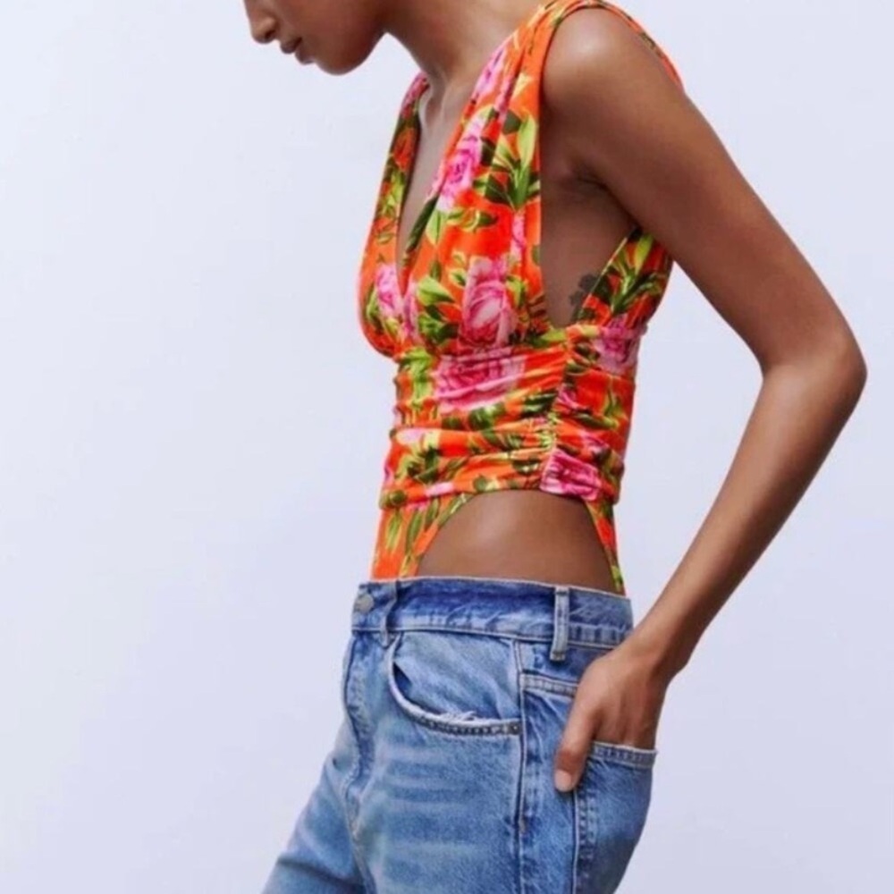 Zara Floral Draped V Neck Plunge Bodysuit Blogger Favorite - Picture 9 of 11